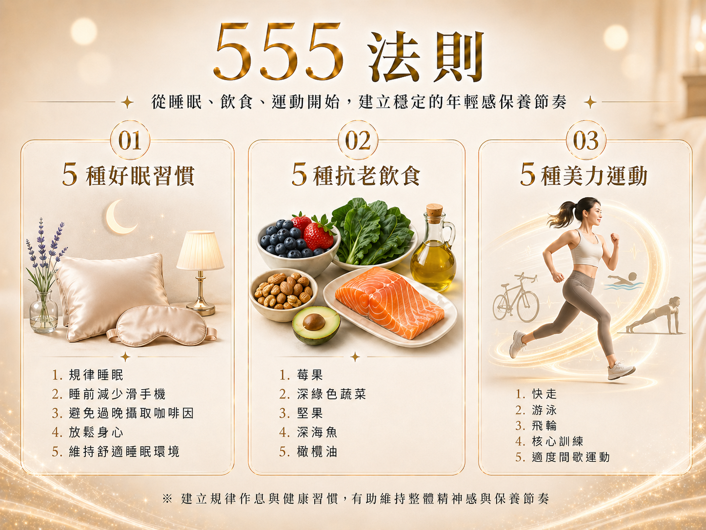茱麗雅醫學美容555法則圖卡，整理5種好眠習慣、5種抗老飲食與5種美力運動，幫助建立穩定的年輕感保養節奏